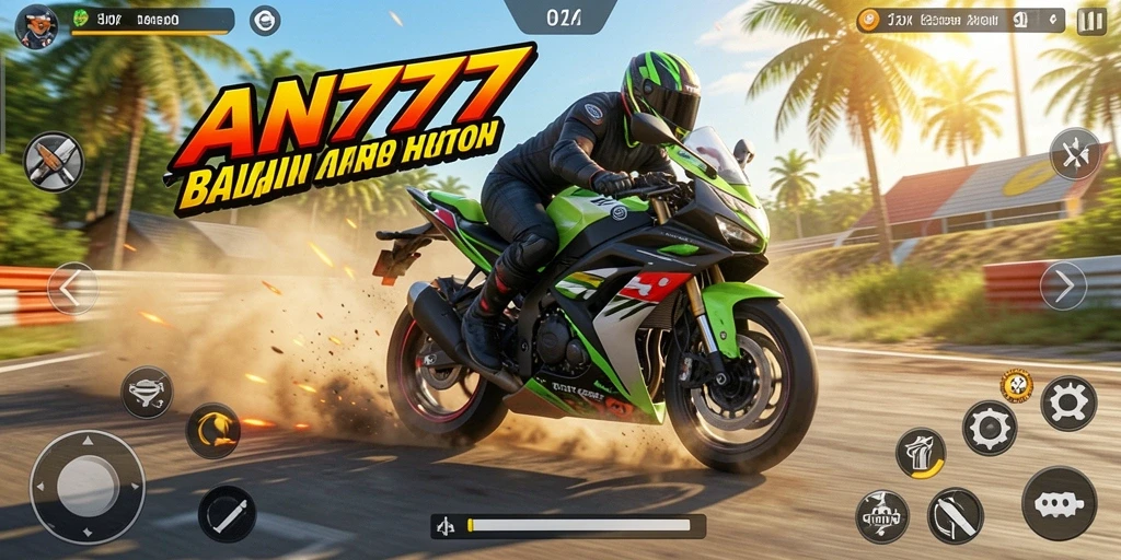 Screenshot utama AN777 menunjukkan gameplay balapan motor yang mendebarkan.