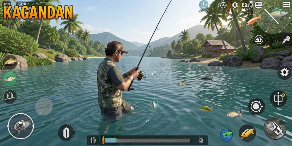Tampilan gameplay menakjubkan dalam KAGANDAN dengan suasana memancing yang kompleks.