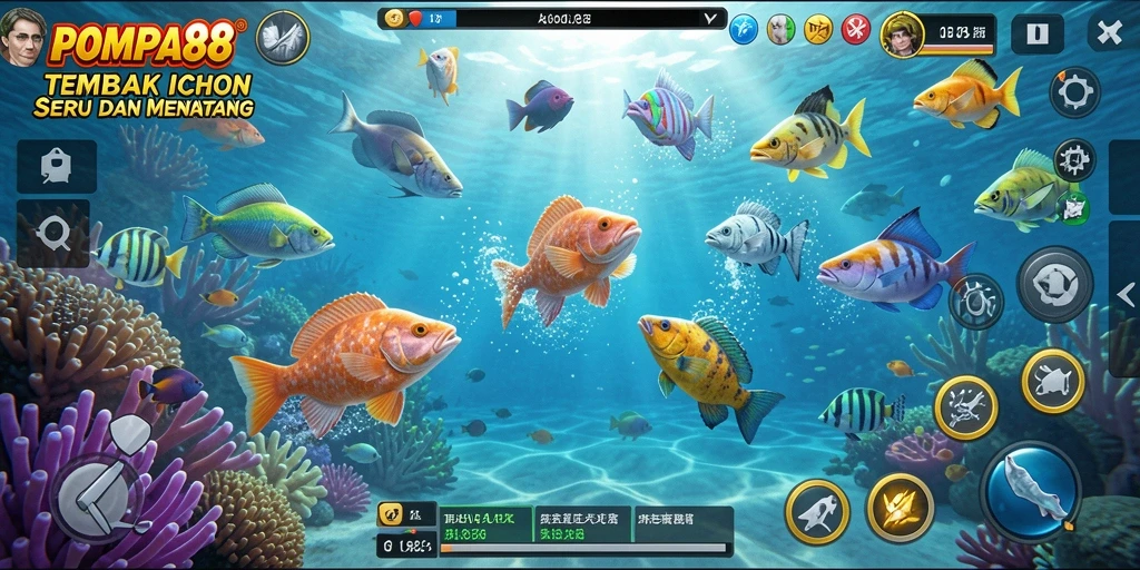 Screenshot POMPA88 menampilkan aksi seru dalam menembak ikan.